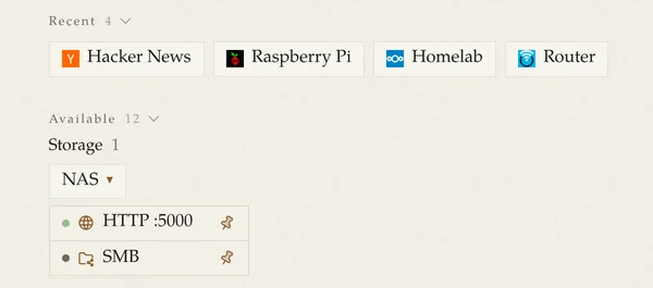 LOCUS device menu: the NAS opens to its HTTP admin page and SMB share, each with a status dot in front and a pin button behind.