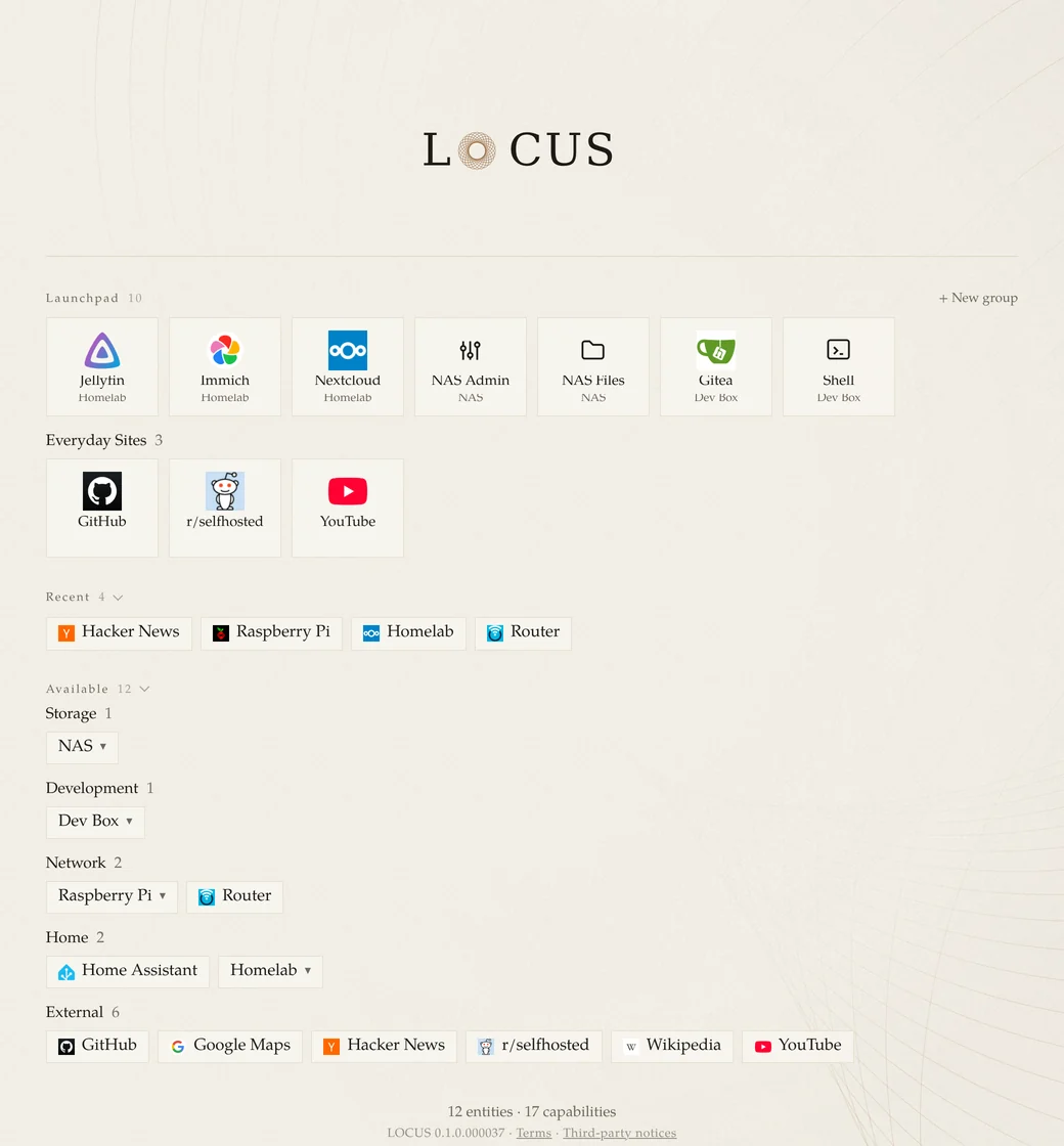 LOCUS home page: the launchpad pins Jellyfin, Immich, Nextcloud, NAS Admin, NAS Files, Gitea and Shell, plus the sites GitHub, r/selfhosted and YouTube; below are recent entries and devices and sites grouped as storage, development, network, home and external.