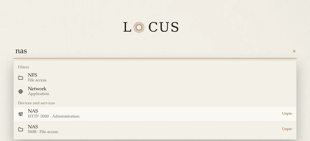 LOCUS search: typing nas lists the NAS's two entries, the HTTP admin page and the SMB file share.